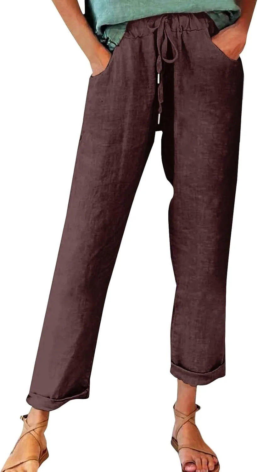 Belted Linen Pants Summer Womens Linen Capris with Pockets Womens Linen Loose Fit Pants Casual