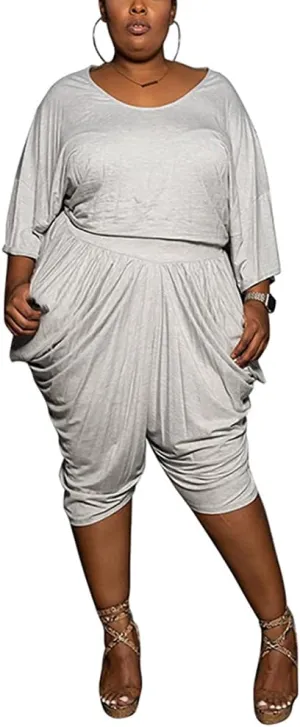 BFFBABY Plus Size Outfits for Women 2 Piece Shorts Sets Half Sleeve T-Shirt Ruched Baggy Harem Pants Casual Tracksuit