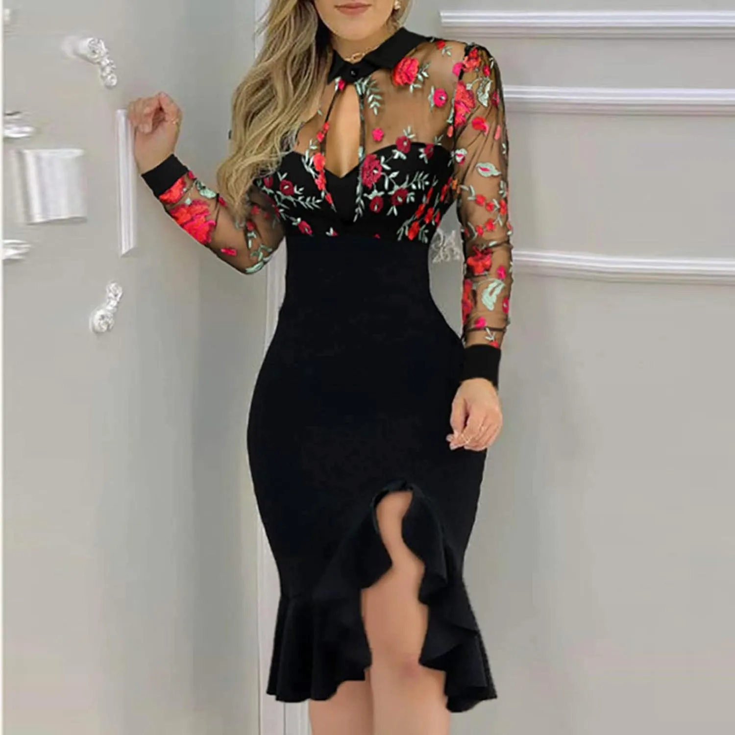 Black Dresses for Women Slit Ruffles Hem Floral Pattern Party Dress Woman Slimming Lace Long Sleeve Bodycon Dress,