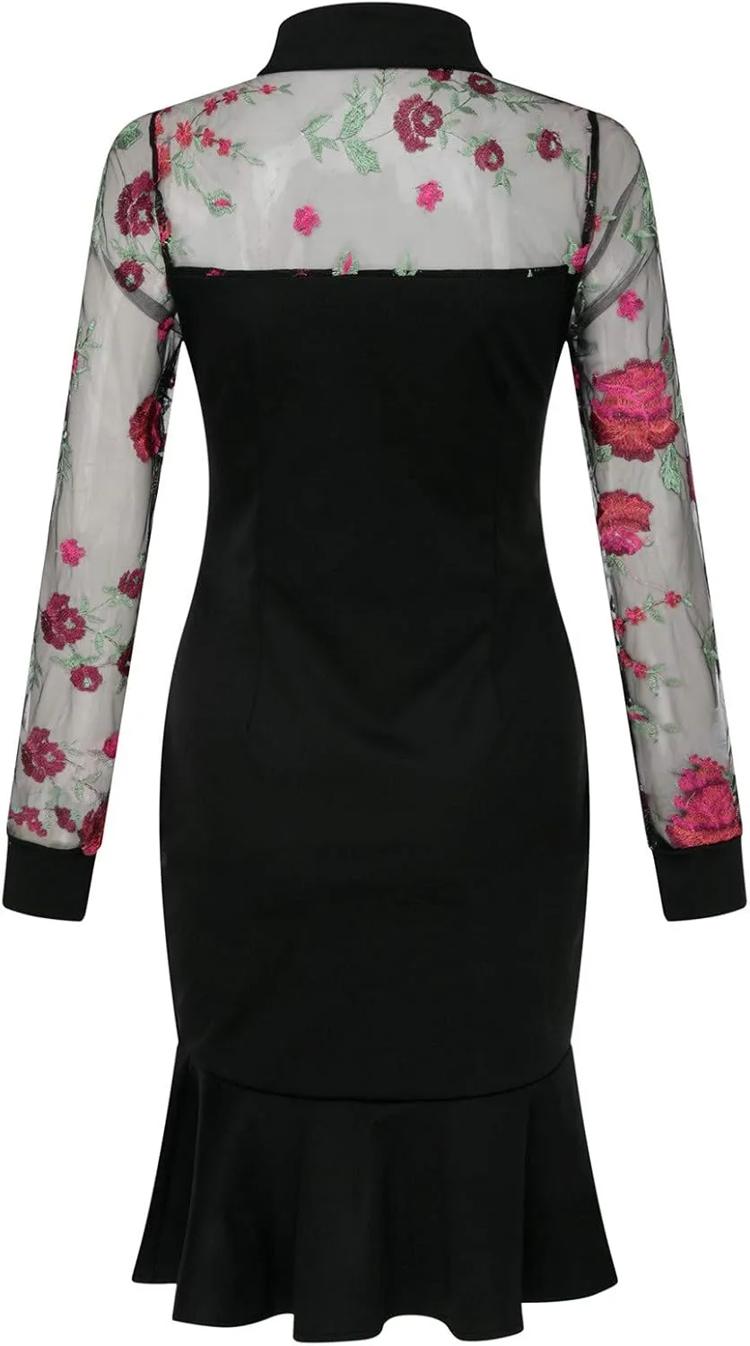 Black Dresses for Women Slit Ruffles Hem Floral Pattern Party Dress Woman Slimming Lace Long Sleeve Bodycon Dress,