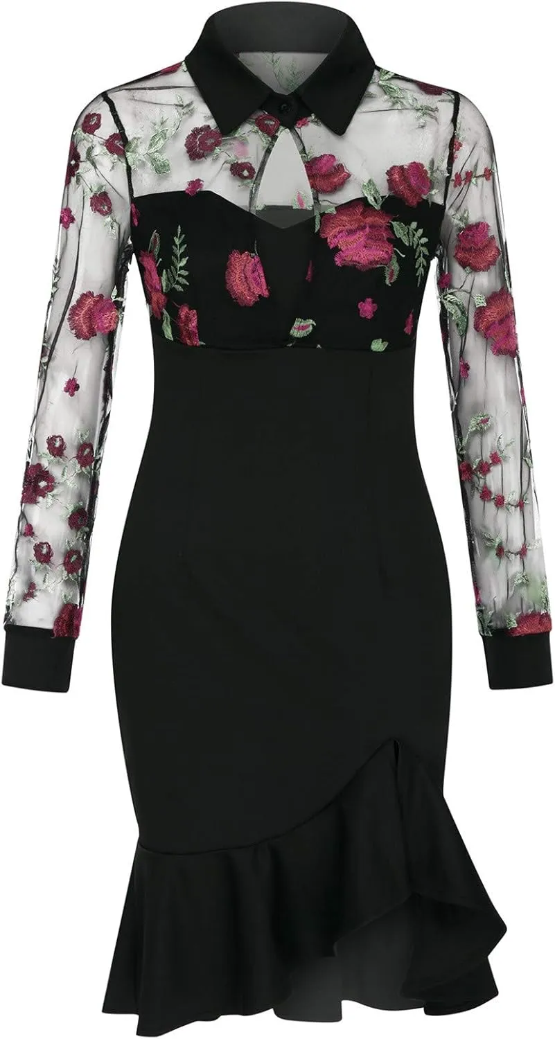 Black Dresses for Women Slit Ruffles Hem Floral Pattern Party Dress Woman Slimming Lace Long Sleeve Bodycon Dress,