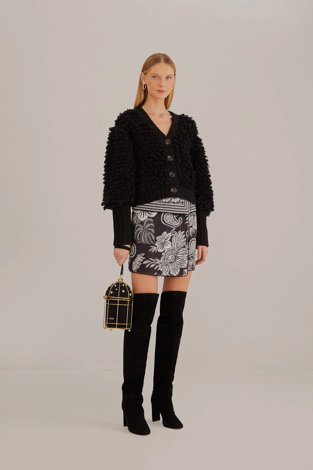 Black Textured V Neck Cardigan