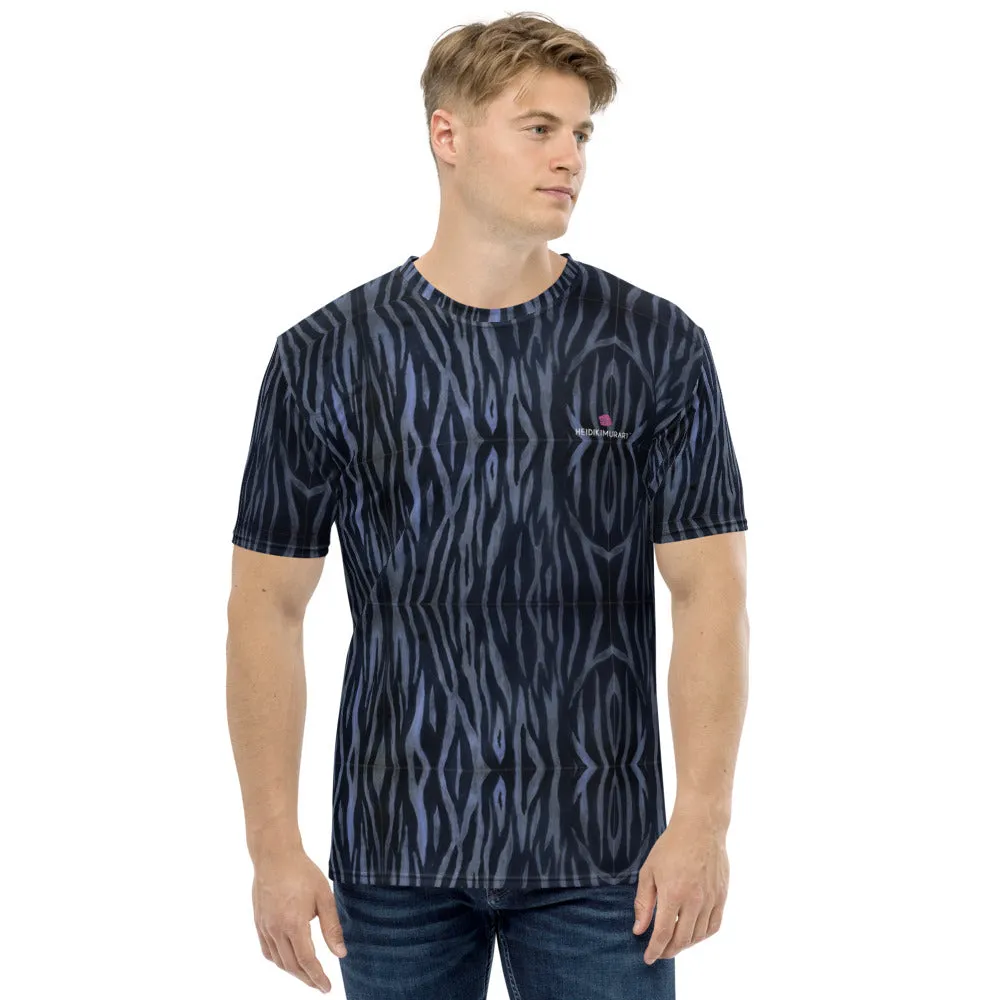 Blue Tiger Striped Men's T-Shirt, Tiger Striped Animal Print Tee For Men - Made in USA/EU/MX