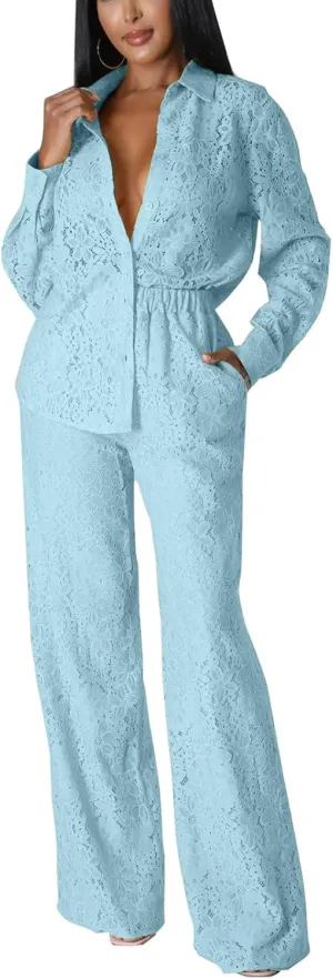 Bluewolfsea Women Sexy 2 Piece Outfits Sheer Mesh Floral Lace Long Sleeve Button Down Shirt and Pants Set Clubwear