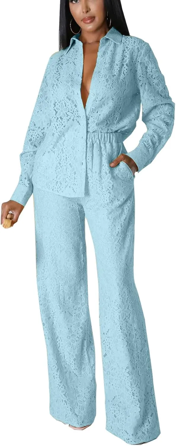 Bluewolfsea Women Sexy 2 Piece Outfits Sheer Mesh Floral Lace Long Sleeve Button Down Shirt and Pants Set Clubwear