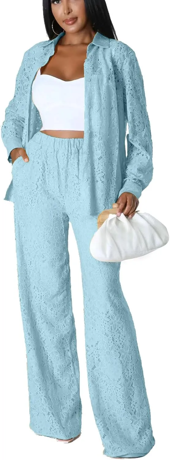 Bluewolfsea Women Sexy 2 Piece Outfits Sheer Mesh Floral Lace Long Sleeve Button Down Shirt and Pants Set Clubwear