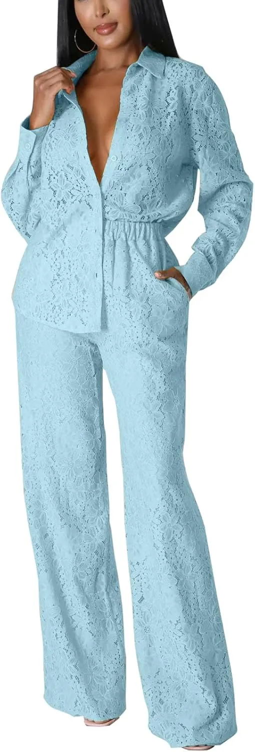 Bluewolfsea Women Sexy 2 Piece Outfits Sheer Mesh Floral Lace Long Sleeve Button Down Shirt and Pants Set Clubwear