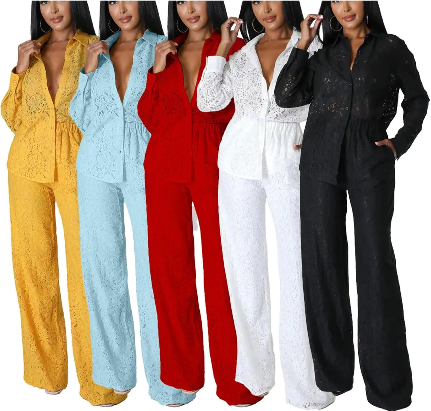 Bluewolfsea Women Sexy 2 Piece Outfits Sheer Mesh Floral Lace Long Sleeve Button Down Shirt and Pants Set Clubwear