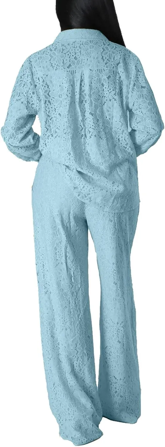 Bluewolfsea Women Sexy 2 Piece Outfits Sheer Mesh Floral Lace Long Sleeve Button Down Shirt and Pants Set Clubwear