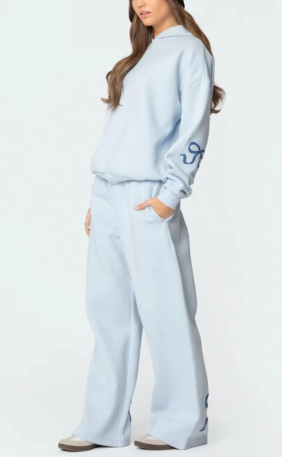 Bow Print Sweat Set for Women Two Piece Tracksuit Long Sleeve Oversized Hoodie Wide Leg Sweatpants 2 Piece Outfits