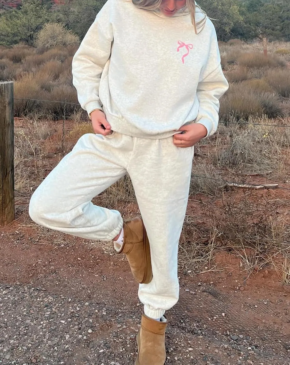 Bow Print Sweat Set for Women Two Piece Tracksuit Long Sleeve Oversized Hoodie Wide Leg Sweatpants 2 Piece Outfits