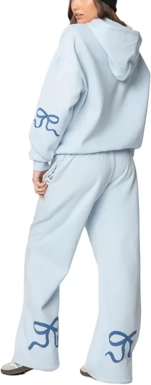 Bow Print Sweat Set for Women Two Piece Tracksuit Long Sleeve Oversized Hoodie Wide Leg Sweatpants 2 Piece Outfits
