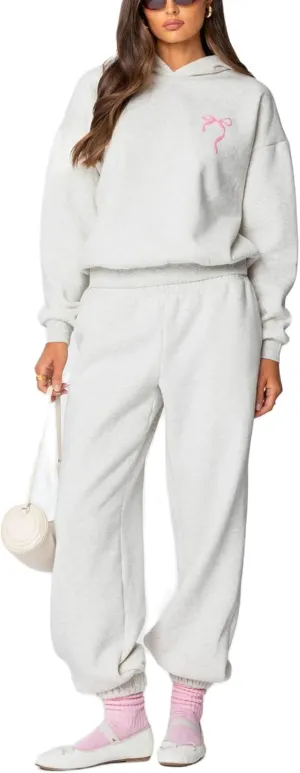 Bow Print Sweat Set for Women Two Piece Tracksuit Long Sleeve Oversized Hoodie Wide Leg Sweatpants 2 Piece Outfits