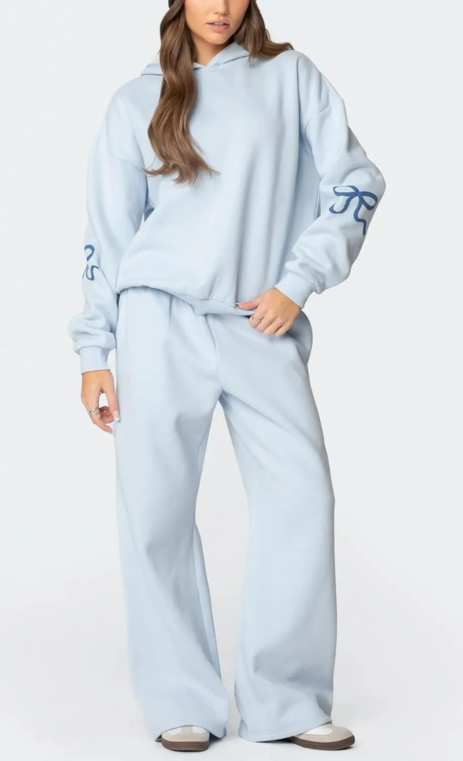 Bow Print Sweat Set for Women Two Piece Tracksuit Long Sleeve Oversized Hoodie Wide Leg Sweatpants 2 Piece Outfits