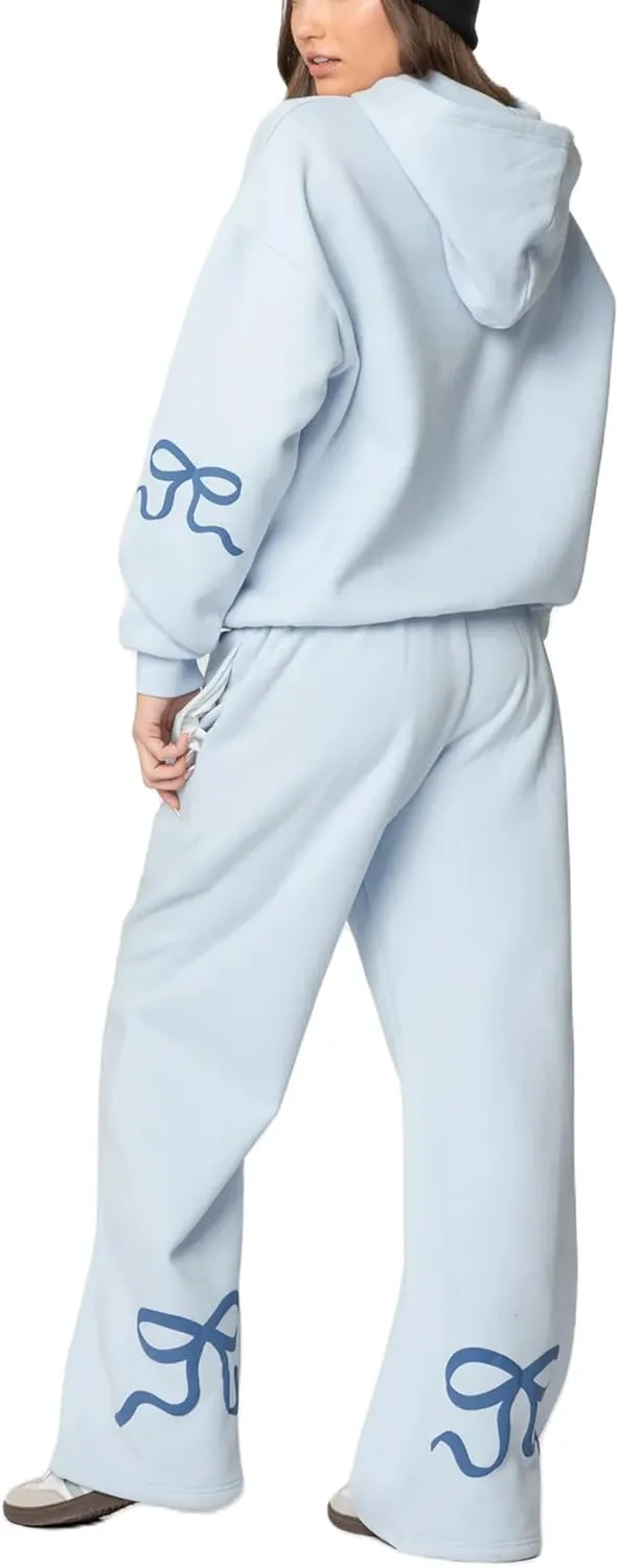 Bow Print Sweat Set for Women Two Piece Tracksuit Long Sleeve Oversized Hoodie Wide Leg Sweatpants 2 Piece Outfits