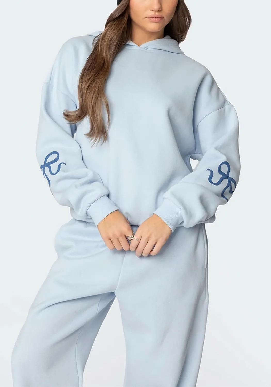 Bow Print Sweat Set for Women Two Piece Tracksuit Long Sleeve Oversized Hoodie Wide Leg Sweatpants 2 Piece Outfits