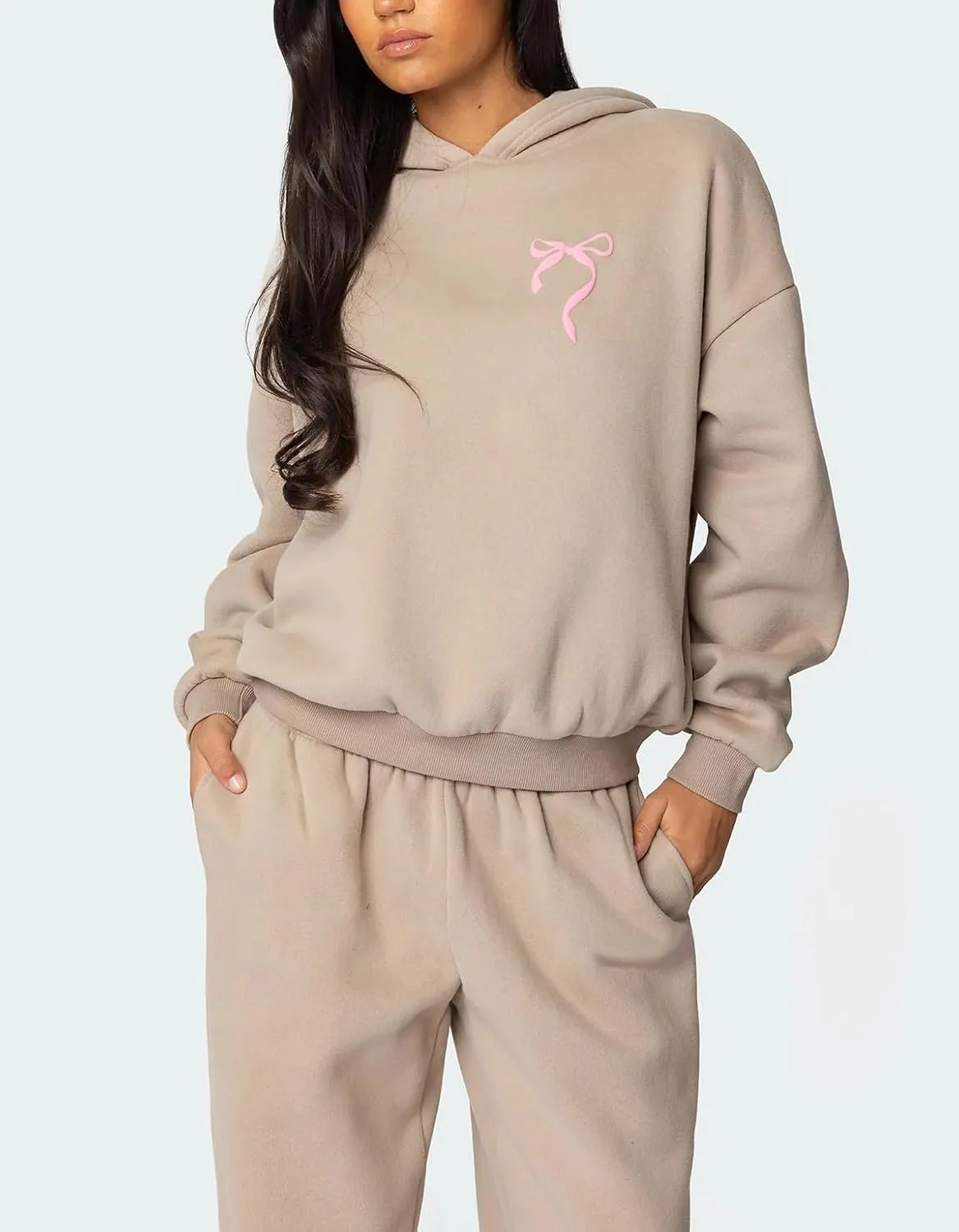 Bow Print Sweat Set for Women Two Piece Tracksuit Long Sleeve Oversized Hoodie Wide Leg Sweatpants 2 Piece Outfits