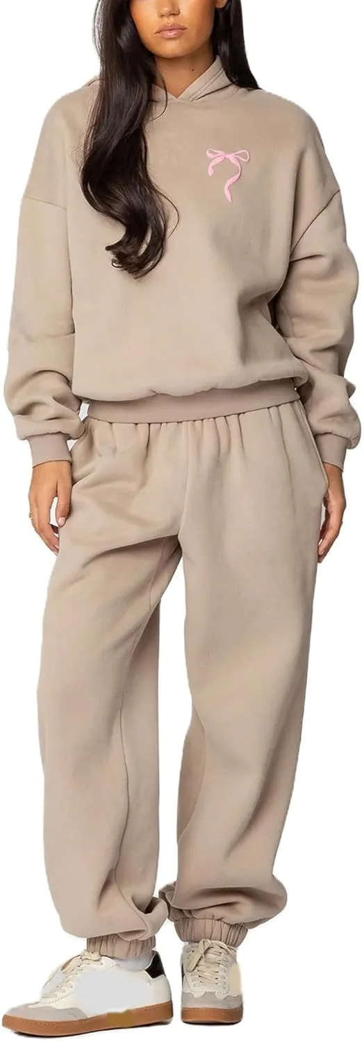 Bow Print Sweat Set for Women Two Piece Tracksuit Long Sleeve Oversized Hoodie Wide Leg Sweatpants 2 Piece Outfits