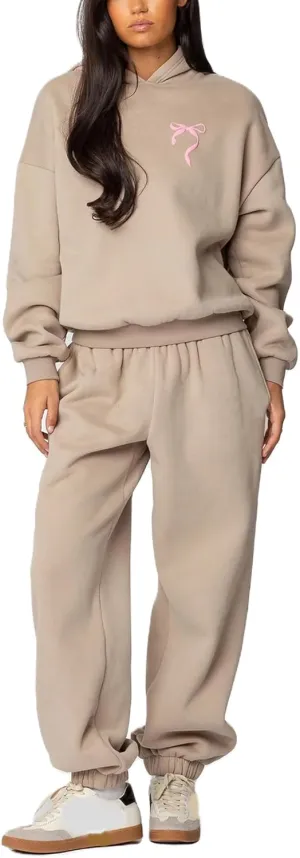 Bow Print Sweat Set for Women Two Piece Tracksuit Long Sleeve Oversized Hoodie Wide Leg Sweatpants 2 Piece Outfits