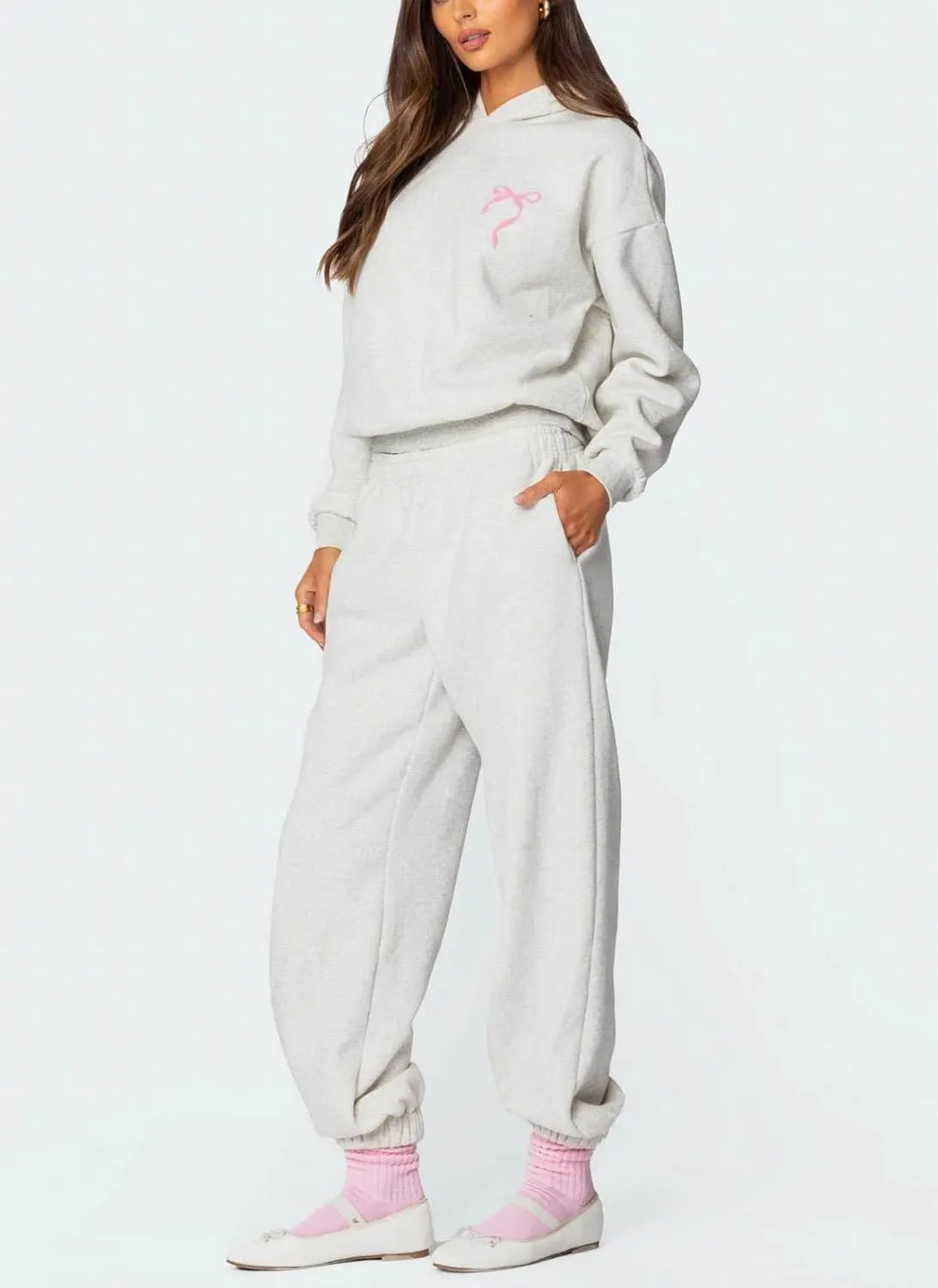 Bow Print Sweat Set for Women Two Piece Tracksuit Long Sleeve Oversized Hoodie Wide Leg Sweatpants 2 Piece Outfits