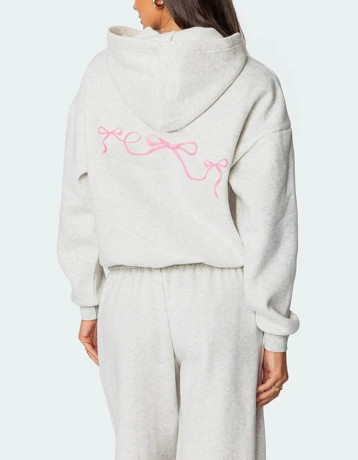 Bow Print Sweat Set for Women Two Piece Tracksuit Long Sleeve Oversized Hoodie Wide Leg Sweatpants 2 Piece Outfits