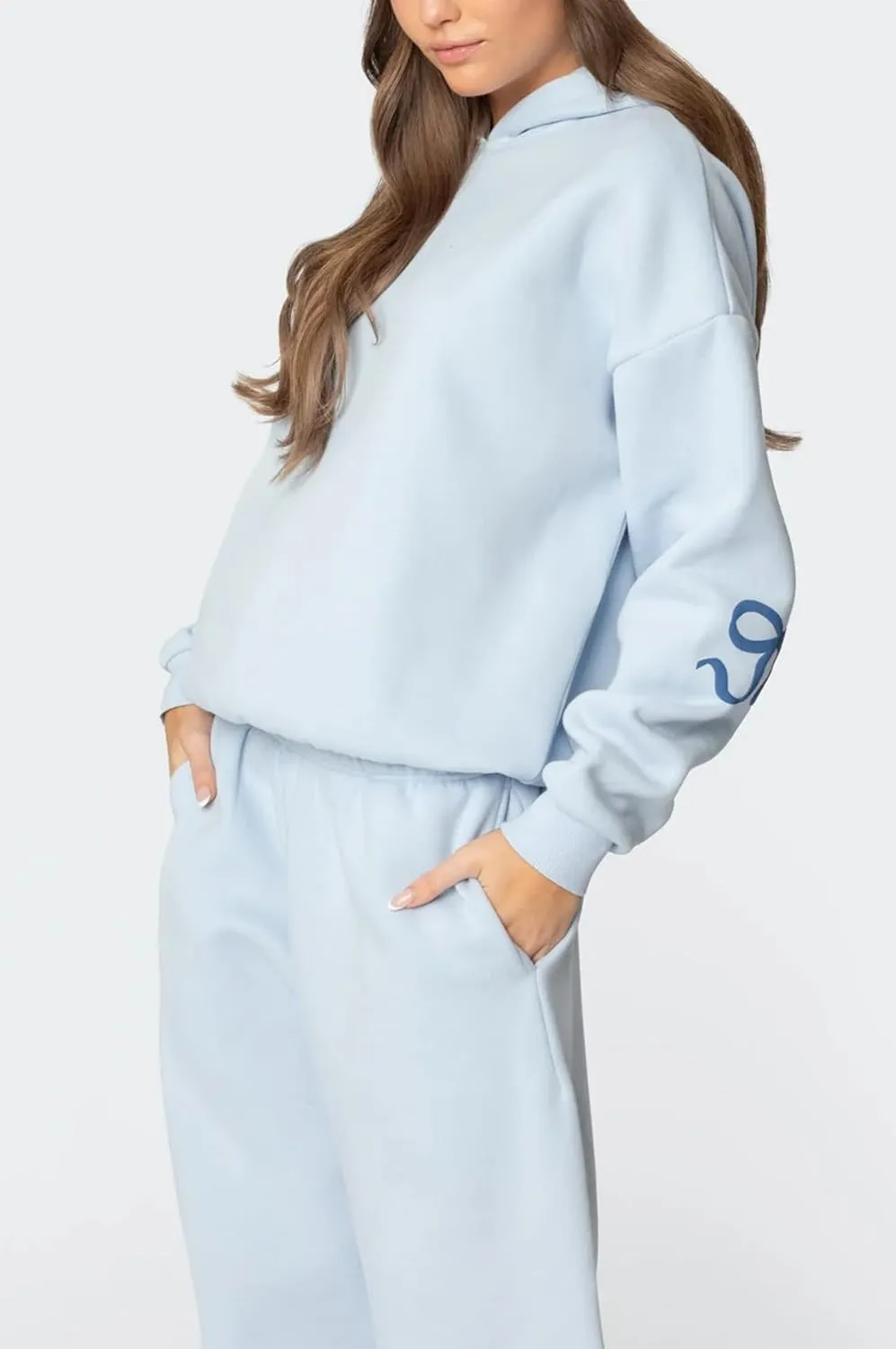 Bow Print Sweat Set for Women Two Piece Tracksuit Long Sleeve Oversized Hoodie Wide Leg Sweatpants 2 Piece Outfits
