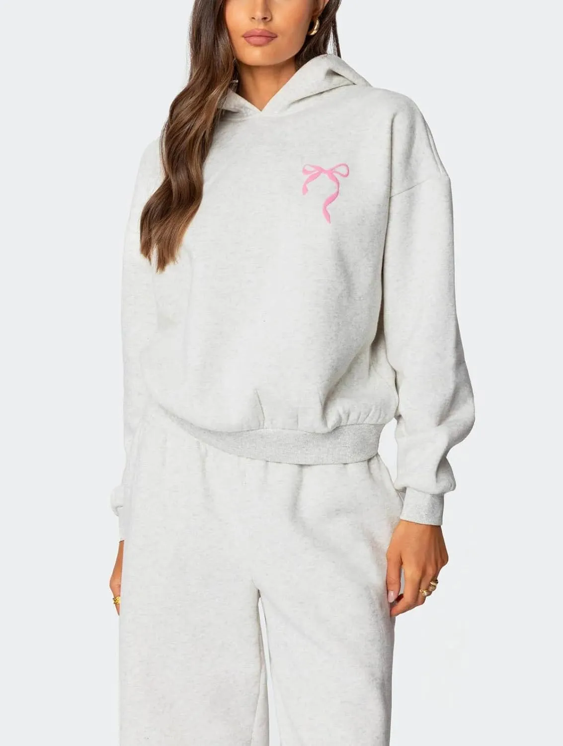 Bow Print Sweat Set for Women Two Piece Tracksuit Long Sleeve Oversized Hoodie Wide Leg Sweatpants 2 Piece Outfits