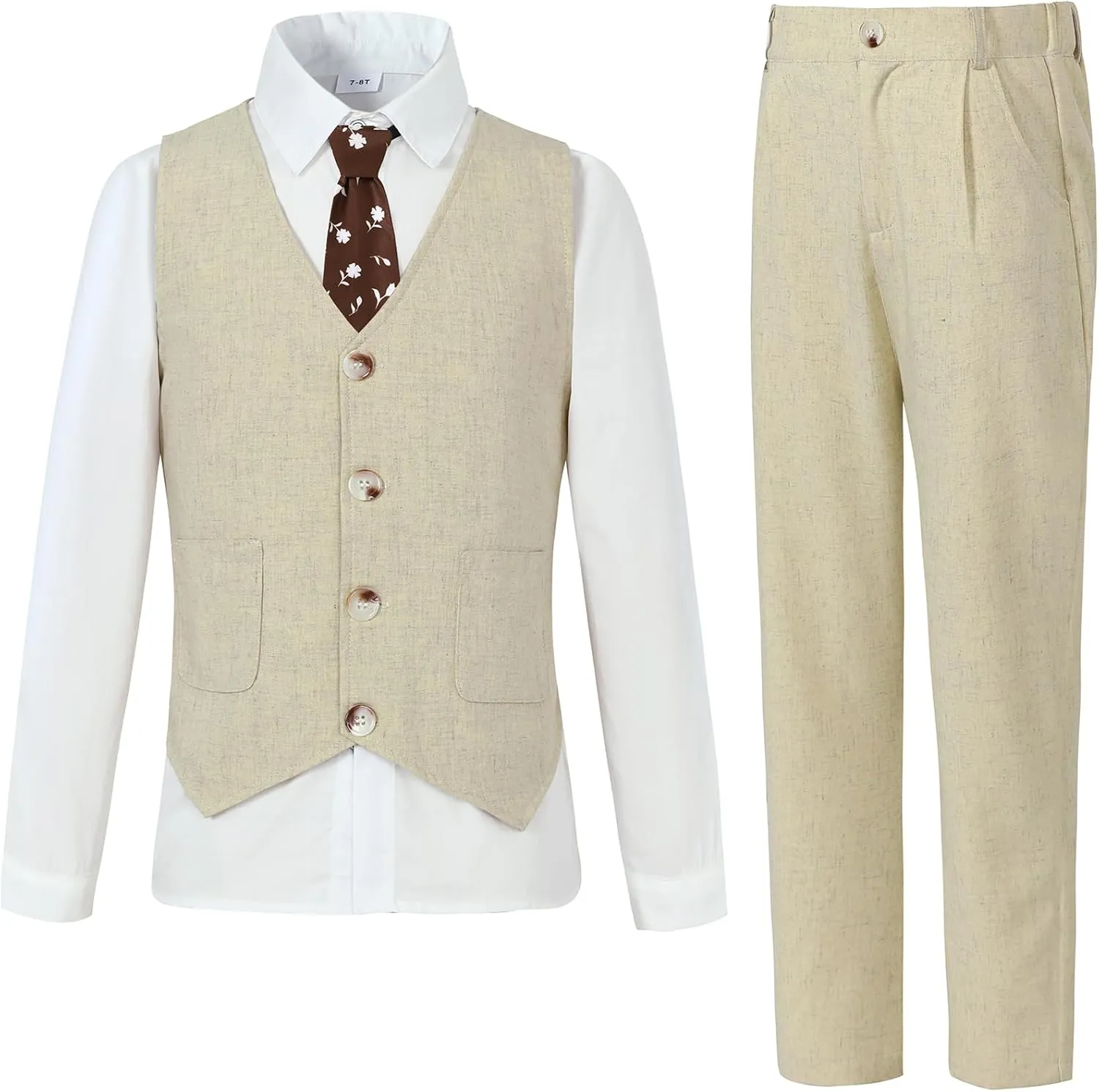 Boys Suit for Formal Occasions 4 Pieces Suit Sets Including Vest Printed Pants Dress Shirt and Tie for 6-10 Years