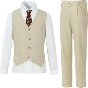 Boys Suit for Formal Occasions 4 Pieces Suit Sets Including Vest Printed Pants Dress Shirt and Tie for 6-10 Years