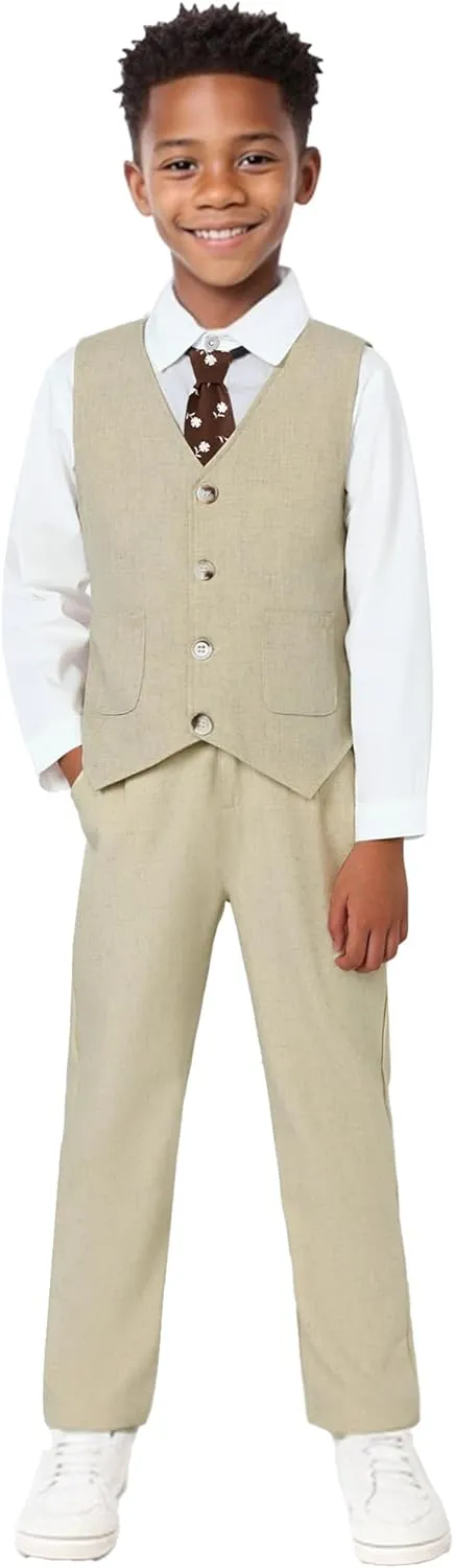 Boys Suit for Formal Occasions 4 Pieces Suit Sets Including Vest Printed Pants Dress Shirt and Tie for 6-10 Years