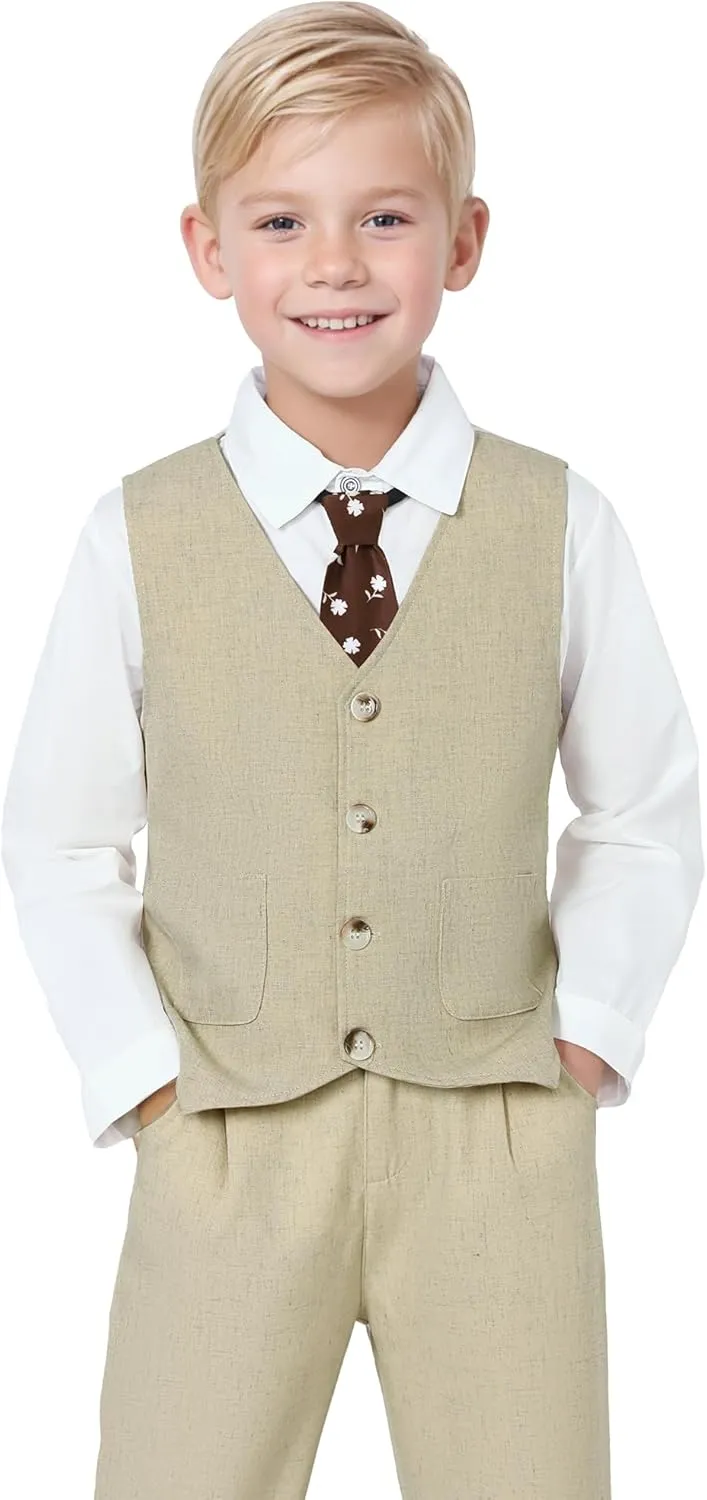 Boys Suit for Formal Occasions 4 Pieces Suit Sets Including Vest Printed Pants Dress Shirt and Tie for 6-10 Years
