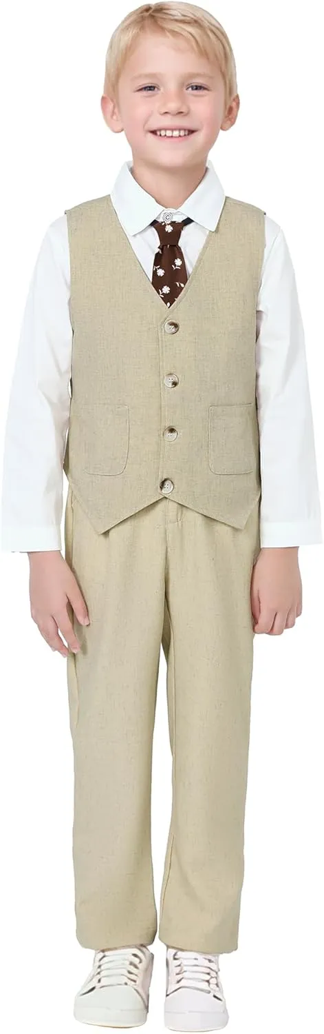Boys Suit for Formal Occasions 4 Pieces Suit Sets Including Vest Printed Pants Dress Shirt and Tie for 6-10 Years