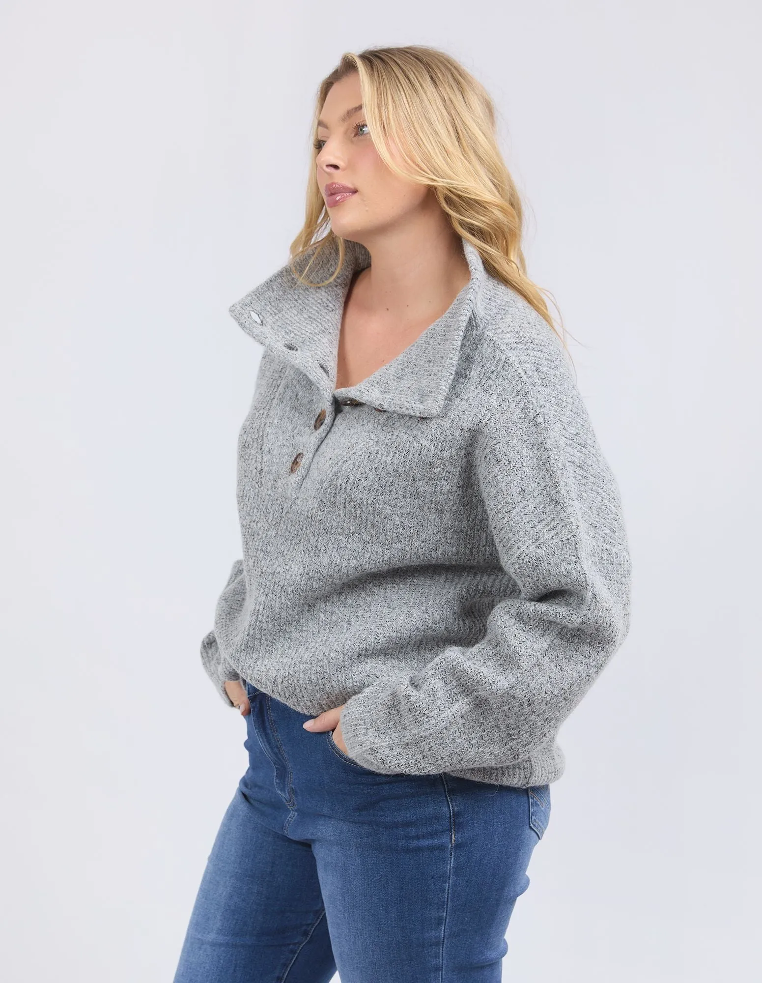 Bron Button Knit - Grey Marle