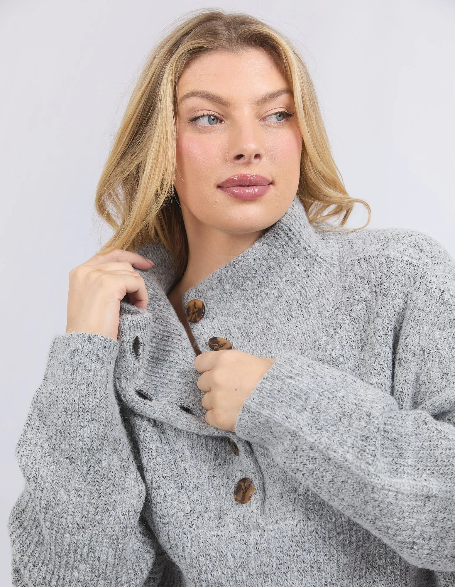 Bron Button Knit - Grey Marle