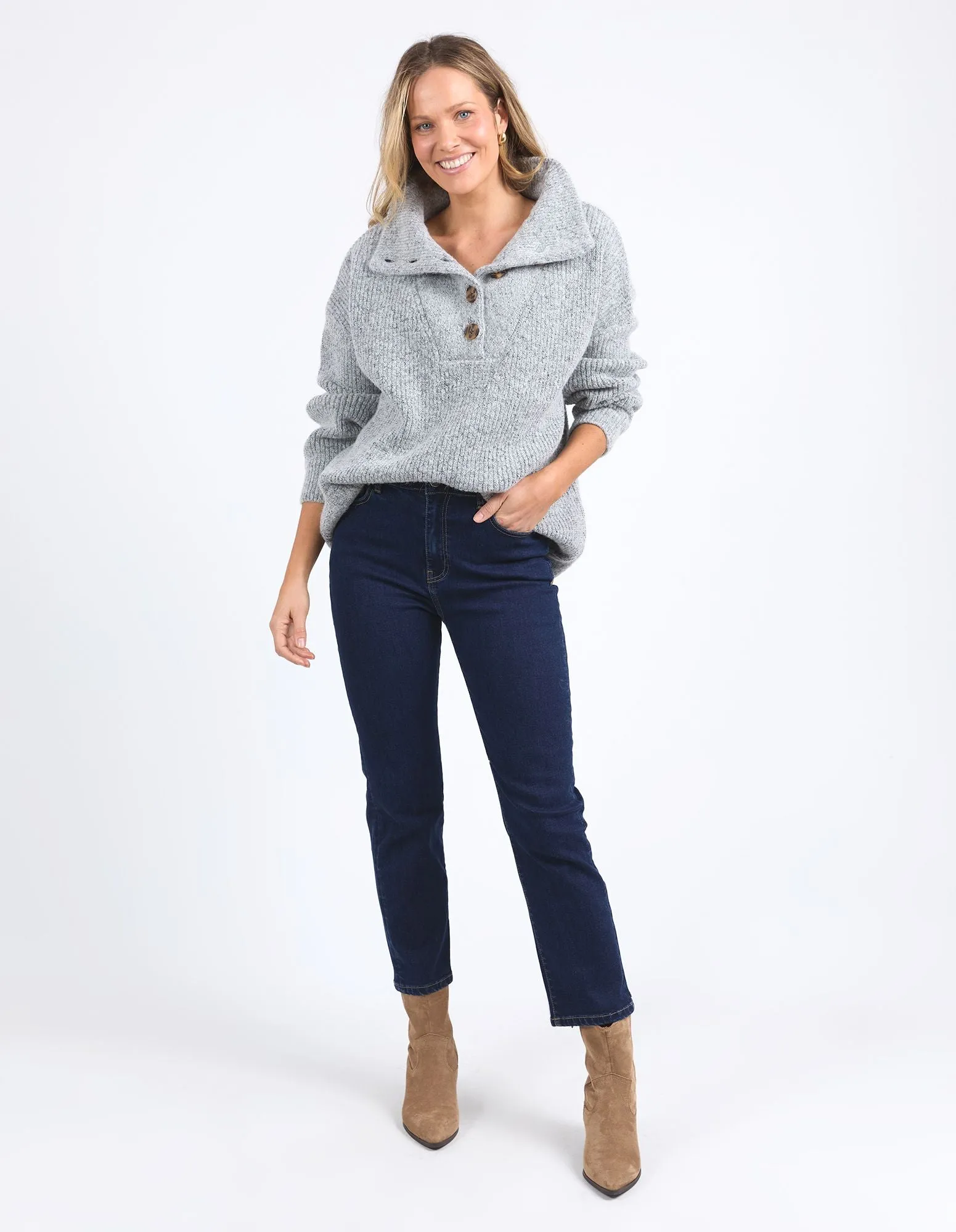 Bron Button Knit - Grey Marle