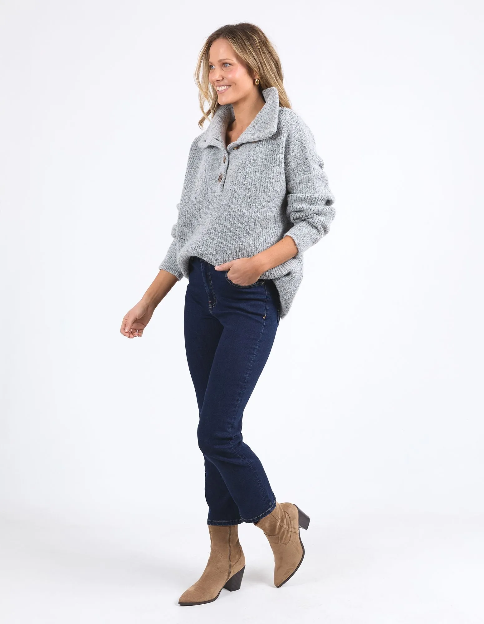Bron Button Knit - Grey Marle