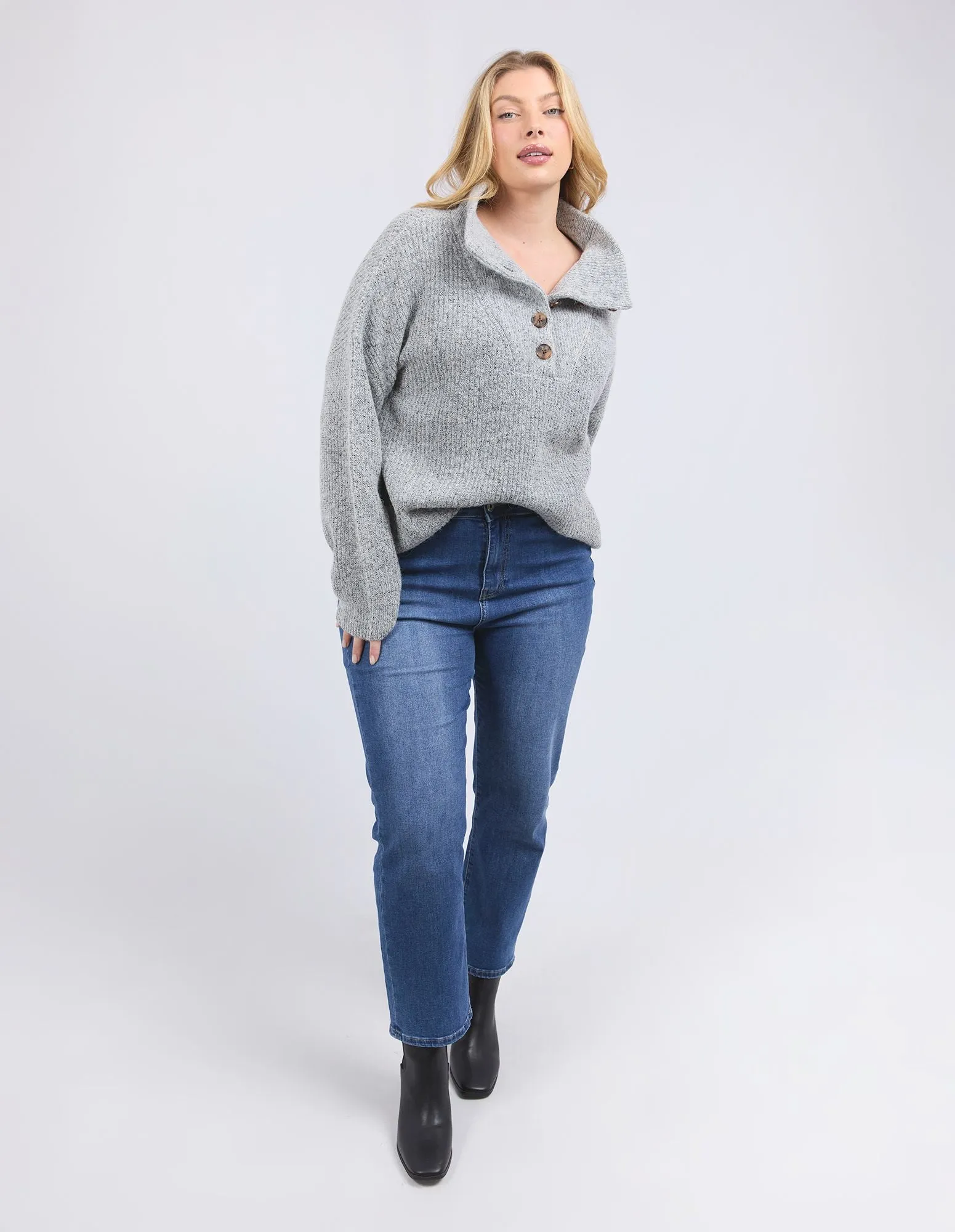Bron Button Knit - Grey Marle