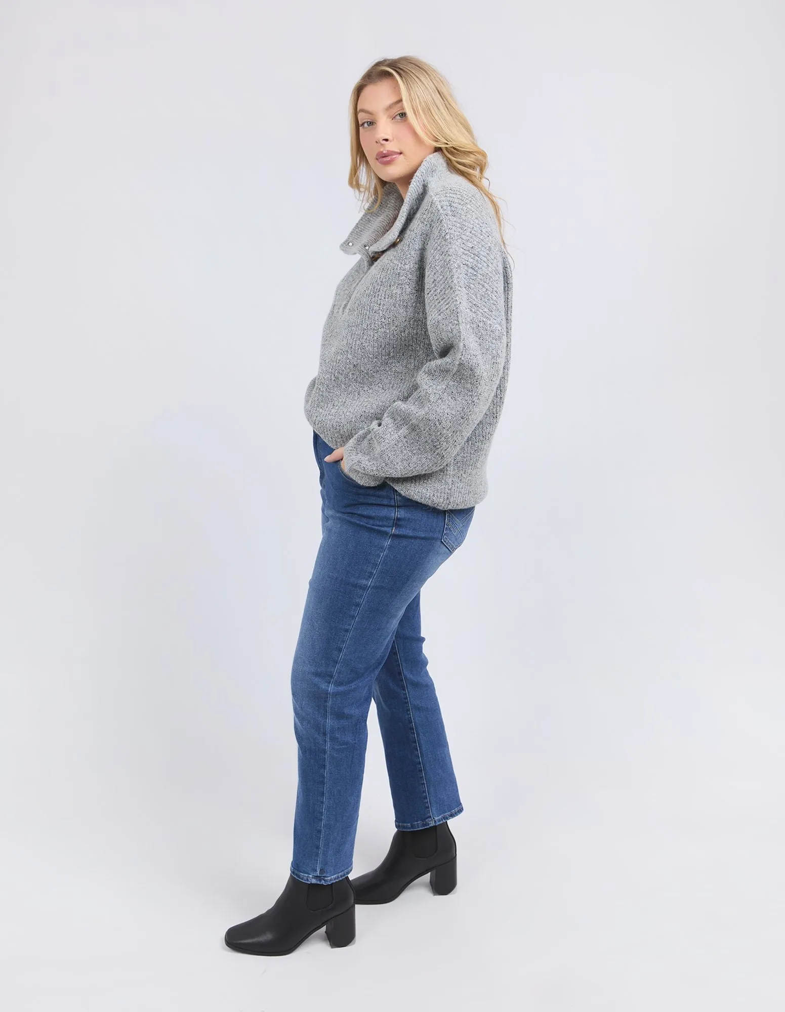 Bron Button Knit - Grey Marle