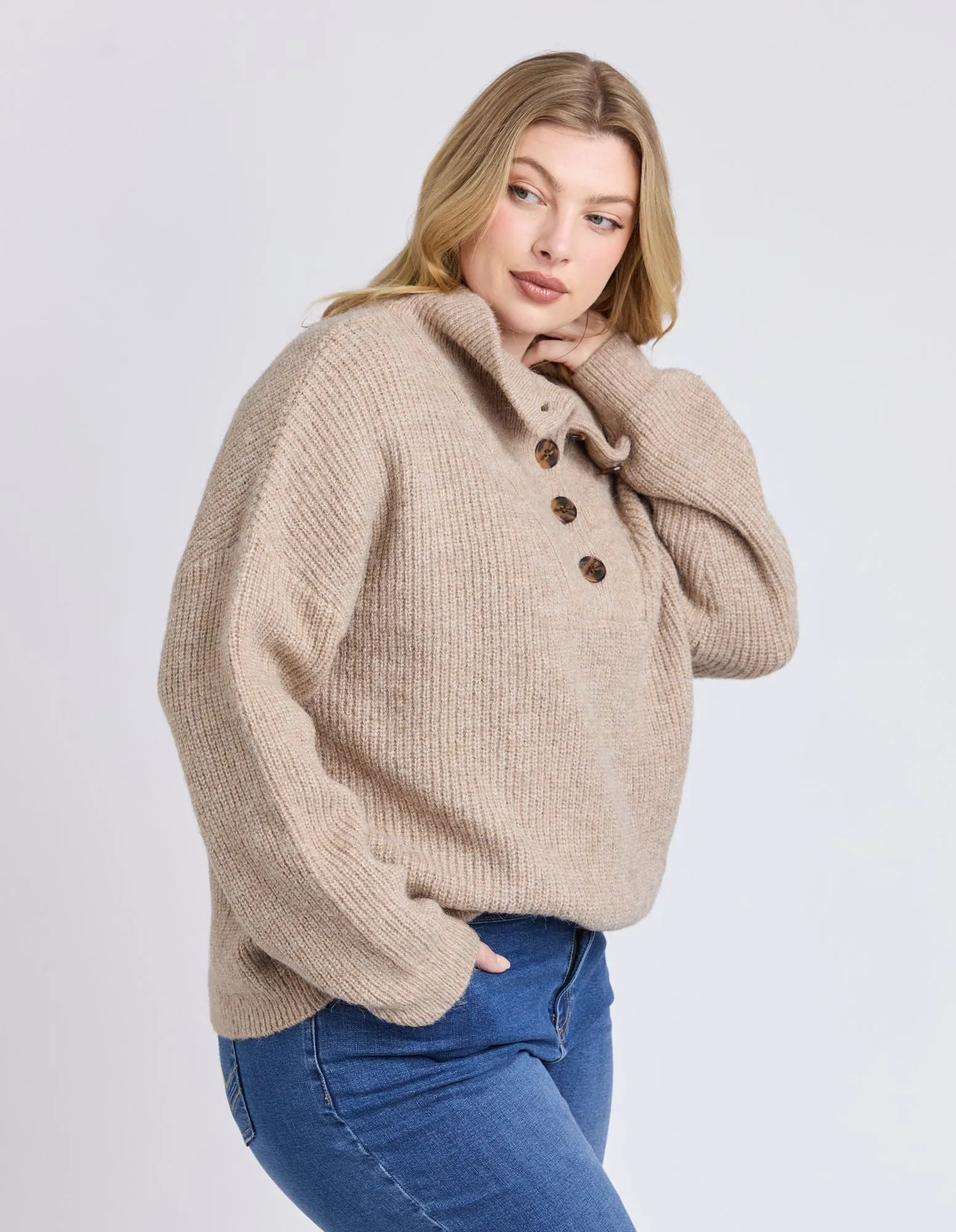 Bron Button Knit - Oatmeal Marle
