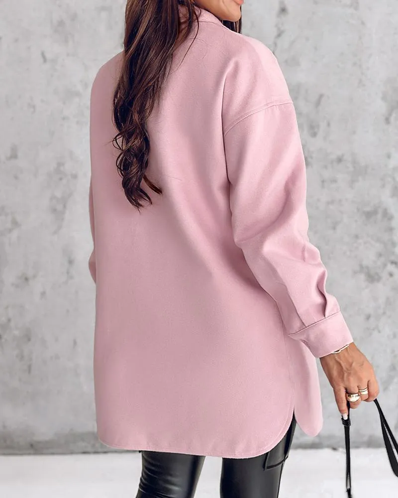 Button Front Pocket Design Turn down Collar Shacket Top