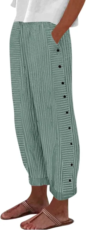 Button Striped Linen Pants Women Elastic High Waist Wide Leg Pants Summer Lightweight Beach Lounge Trousers w/Pockets