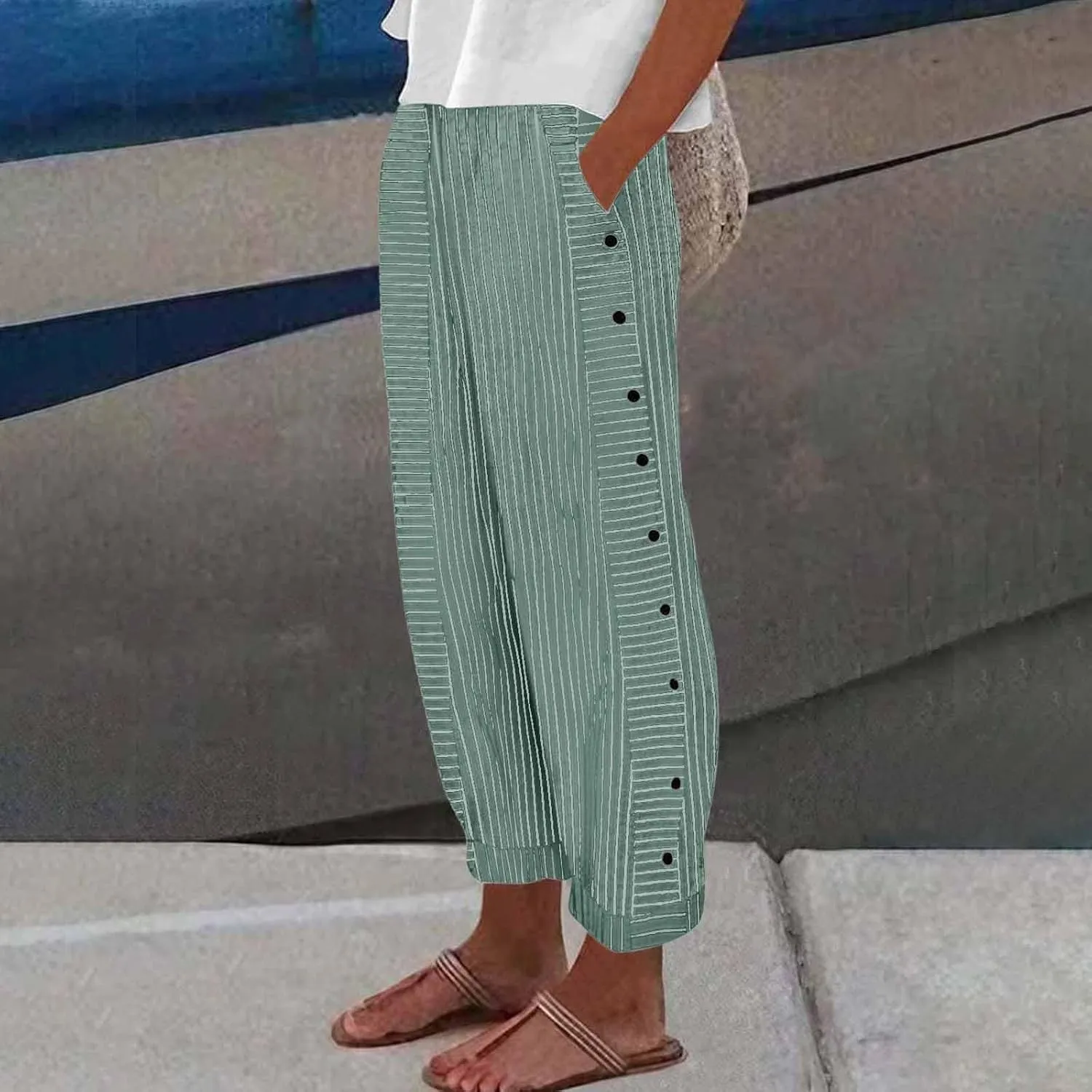 Button Striped Linen Pants Women Elastic High Waist Wide Leg Pants Summer Lightweight Beach Lounge Trousers w/Pockets