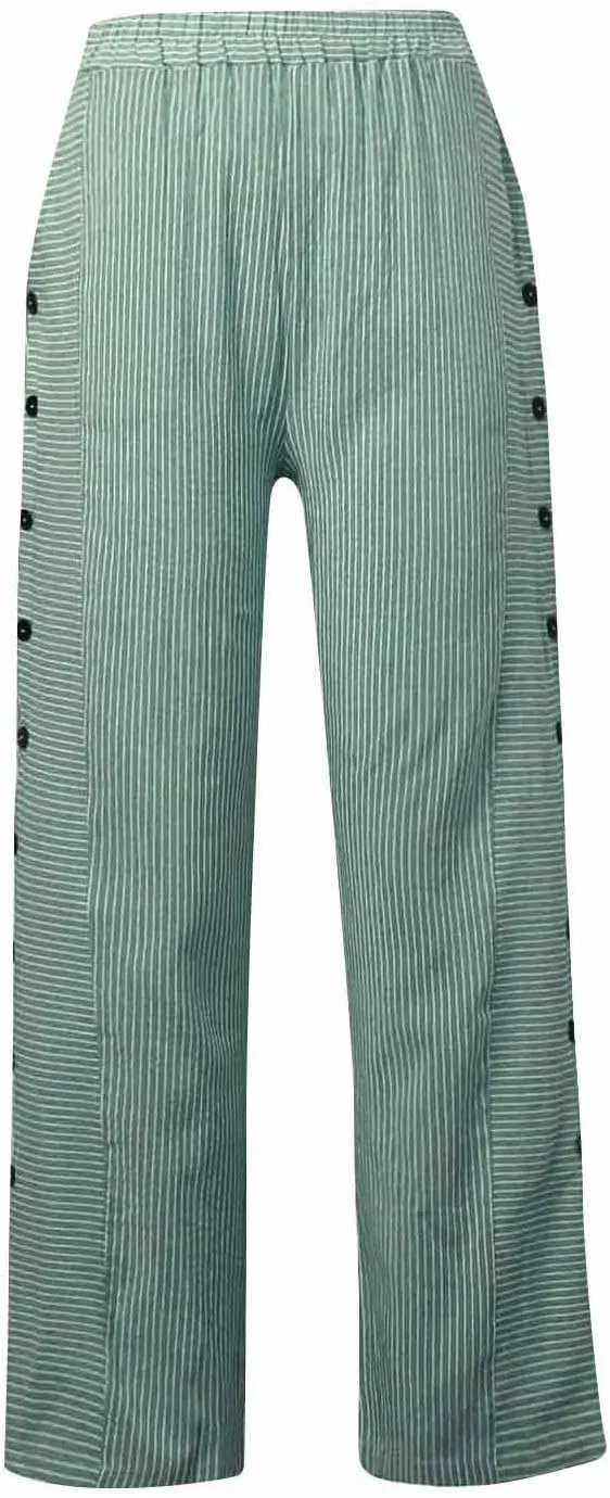 Button Striped Linen Pants Women Elastic High Waist Wide Leg Pants Summer Lightweight Beach Lounge Trousers w/Pockets