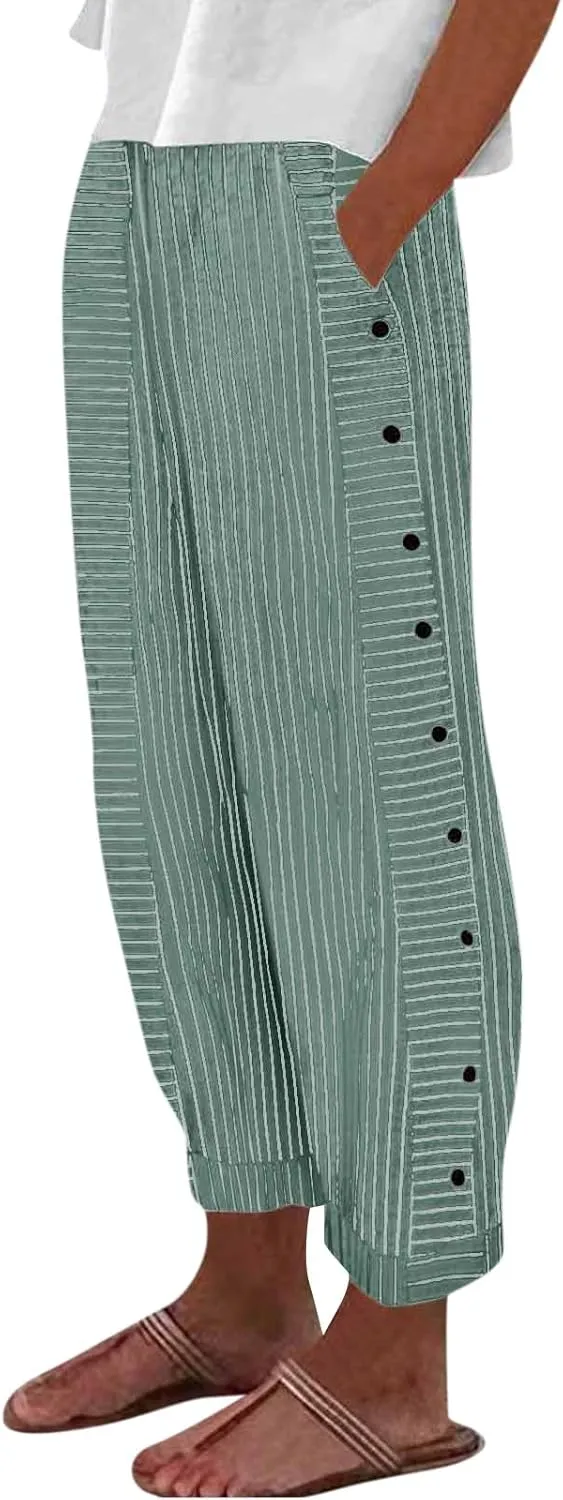 Button Striped Linen Pants Women Elastic High Waist Wide Leg Pants Summer Lightweight Beach Lounge Trousers w/Pockets