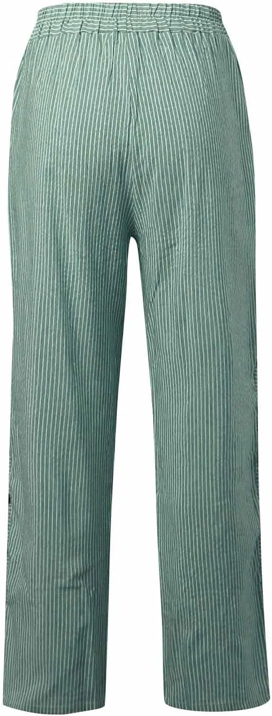 Button Striped Linen Pants Women Elastic High Waist Wide Leg Pants Summer Lightweight Beach Lounge Trousers w/Pockets