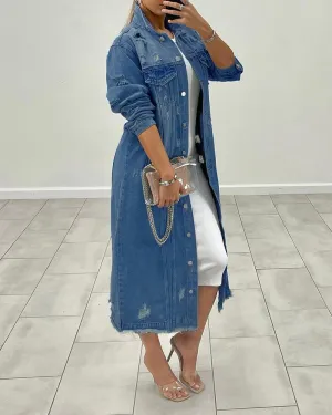 Button Up Flap Detail Ripped Raw Hem Longline Denim Coat