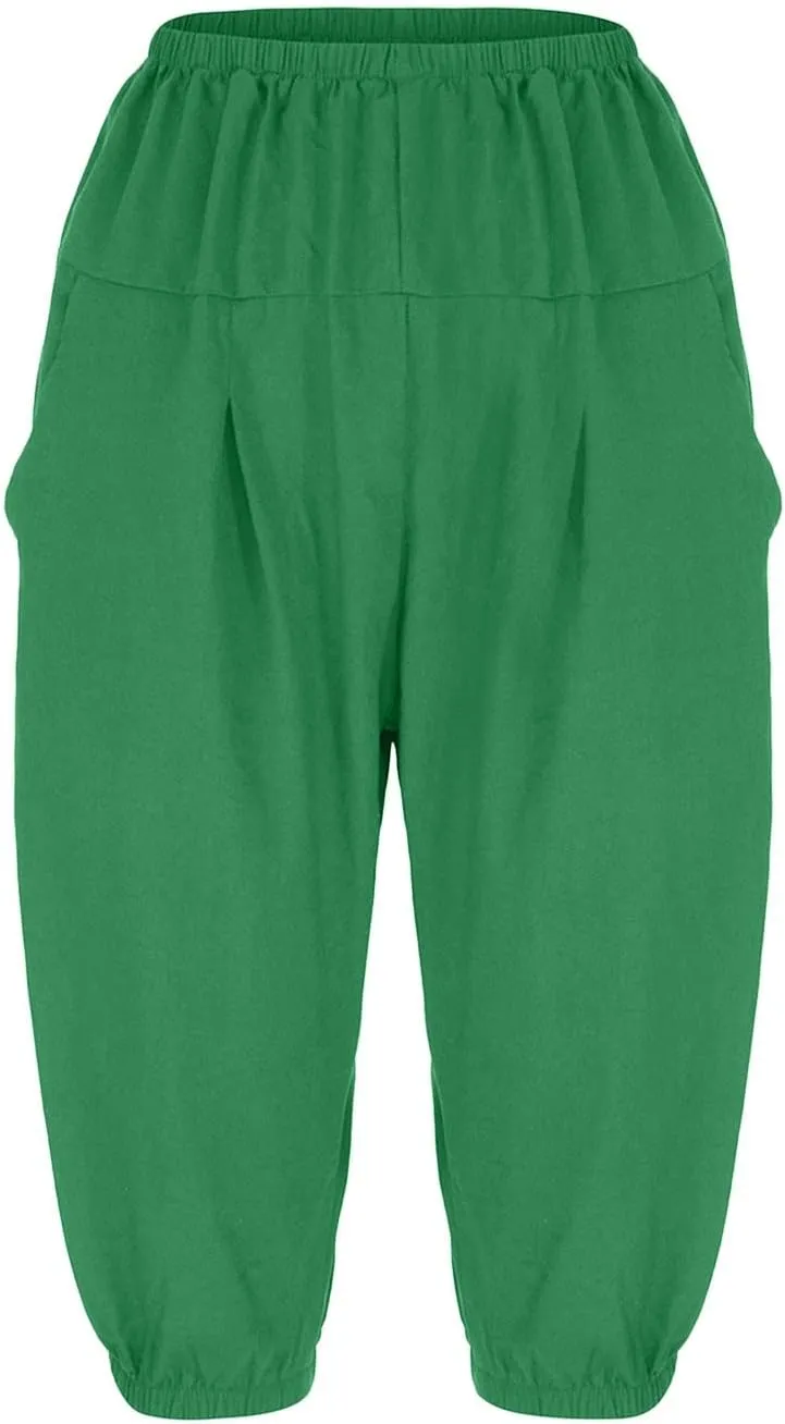 BZGTZT Linen Pants for Women High Waisted Wide Leg Capris Summer Casual Elastic High Waist Cropped Trousers with Pockets