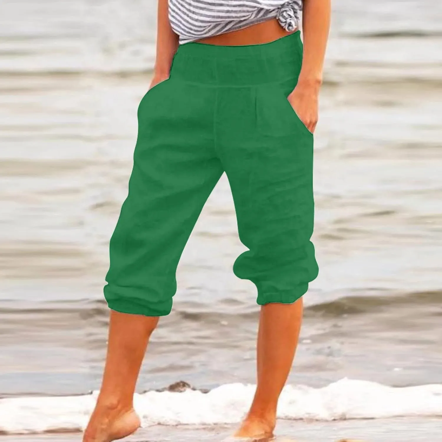 BZGTZT Linen Pants for Women High Waisted Wide Leg Capris Summer Casual Elastic High Waist Cropped Trousers with Pockets