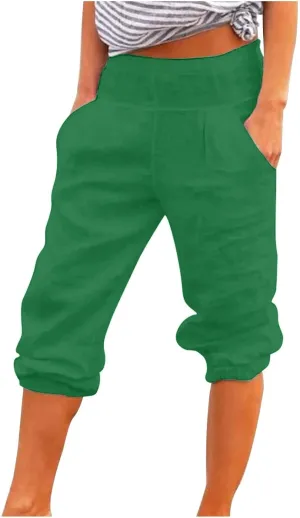 BZGTZT Linen Pants for Women High Waisted Wide Leg Capris Summer Casual Elastic High Waist Cropped Trousers with Pockets