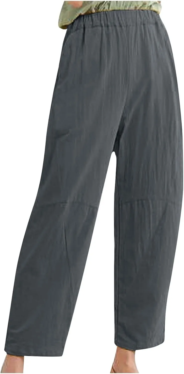 BZGTZT Plus Size Linen Pants for Women Summer Straight Wide Leg Pants Elastic High Waist Trousers Casual Comfy Palazzo Pants
